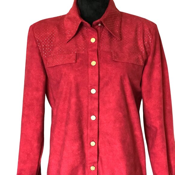Jordana Metallic Dot Tunic: Vintage 70s Blouse, Red w/Gold Dots, Size Small 6-8 - Picture 4 of 9